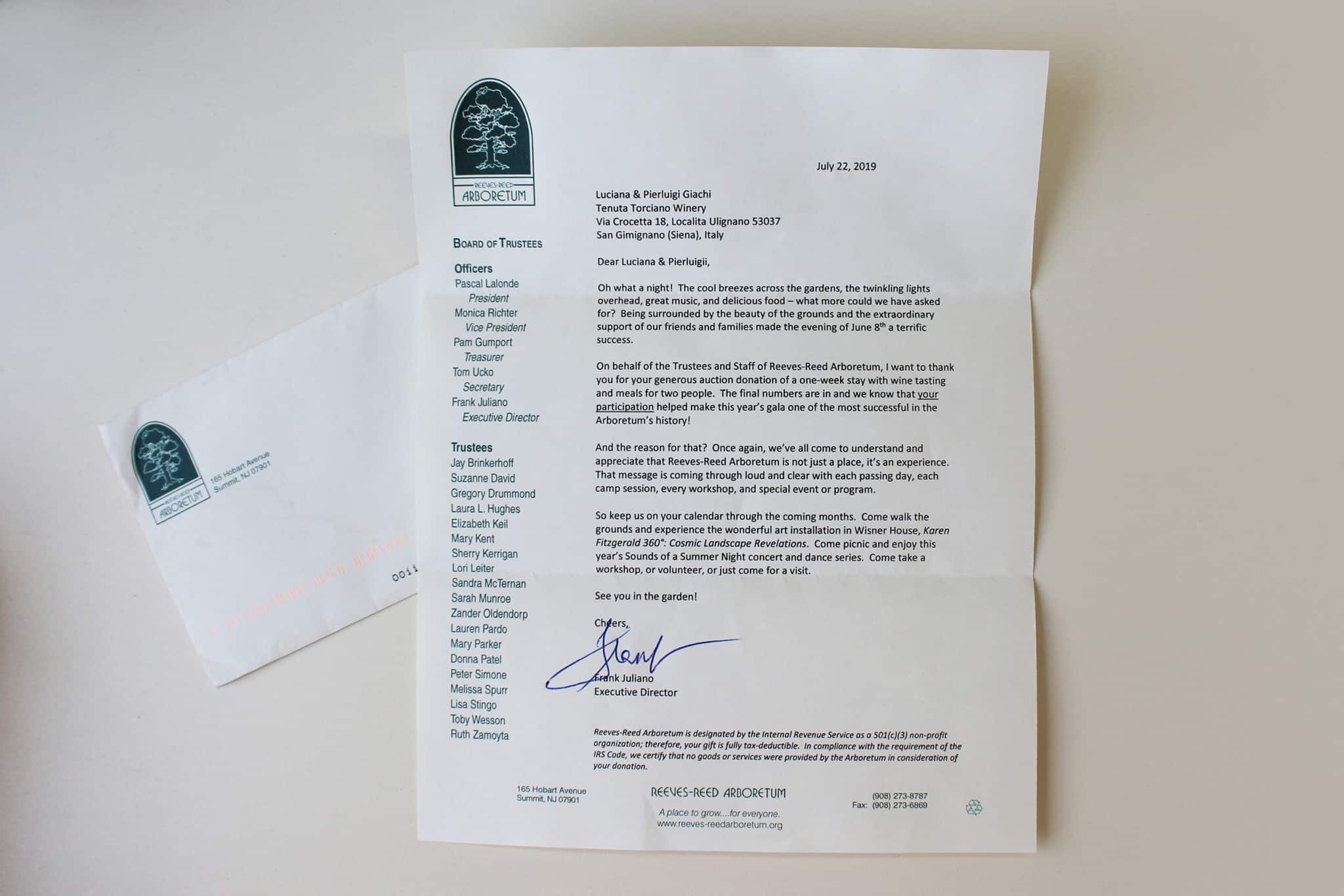 Letter of thanks from Reeves-Reed Arboretum