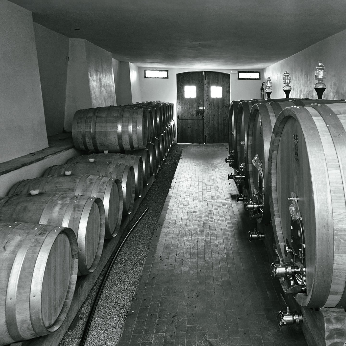 Large oak casks lining the underground barrel cellar at Altezza Winery