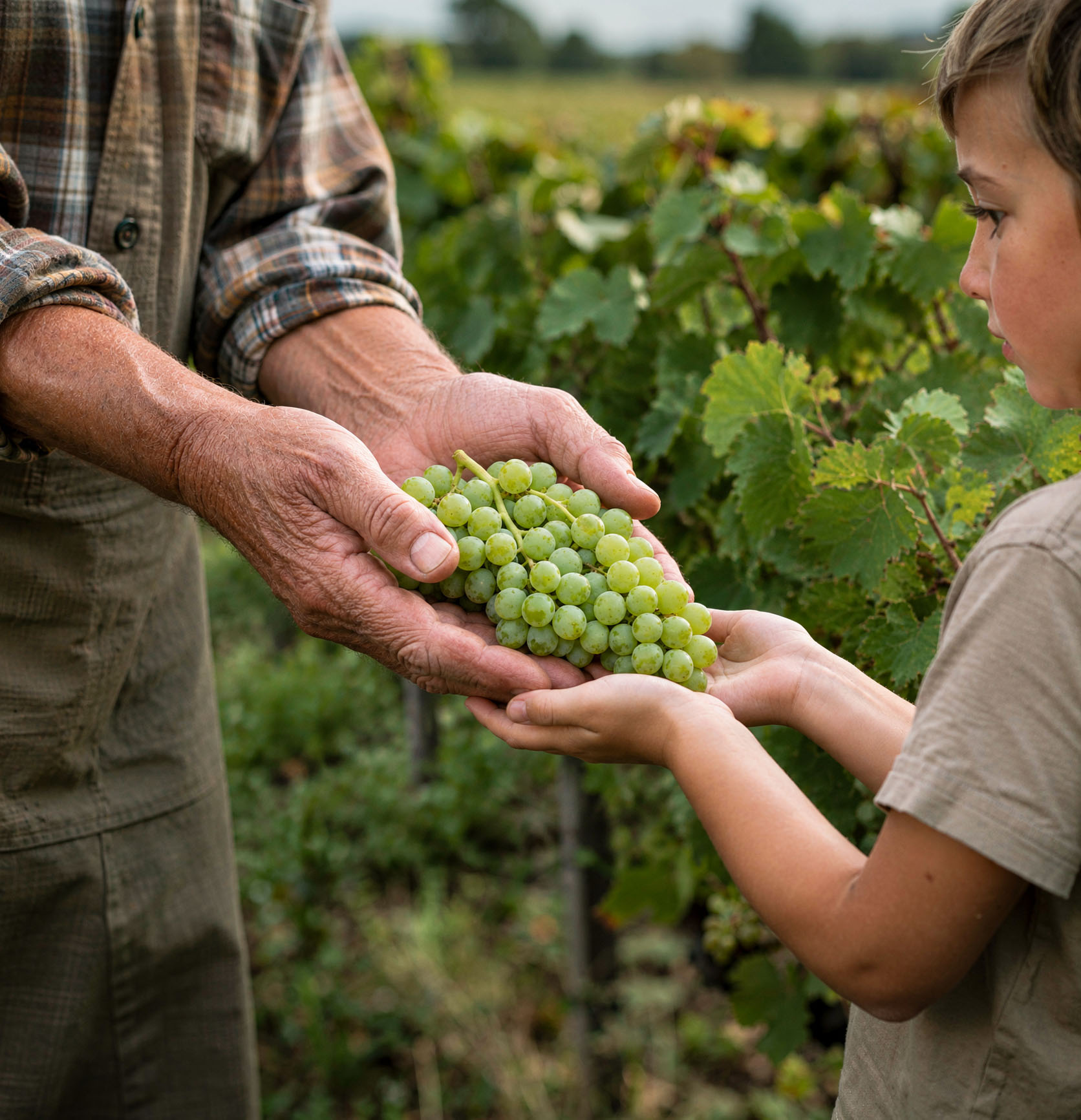 An elder's weathered hands passing a cluster of white grapes into a child's cupped hands among the vines