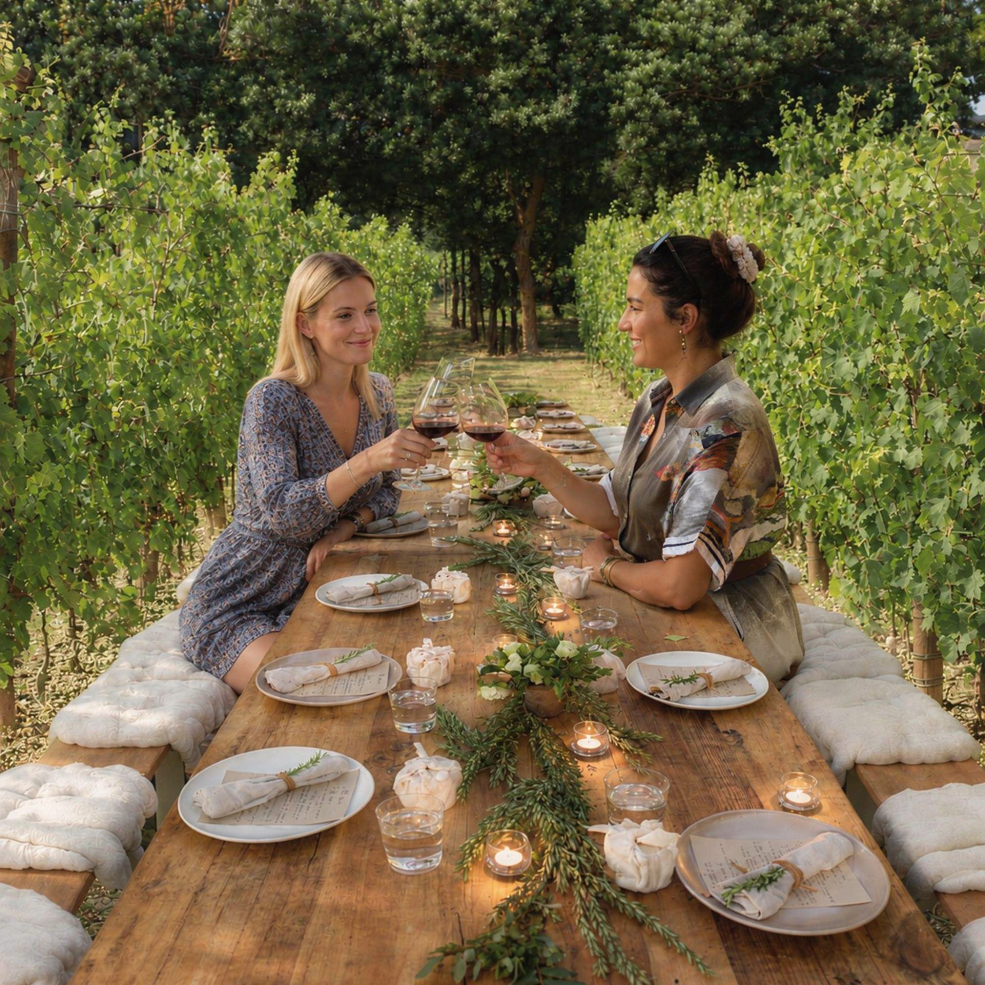 Two guests toasting with red wine at a long candlelit table set between the vine rows