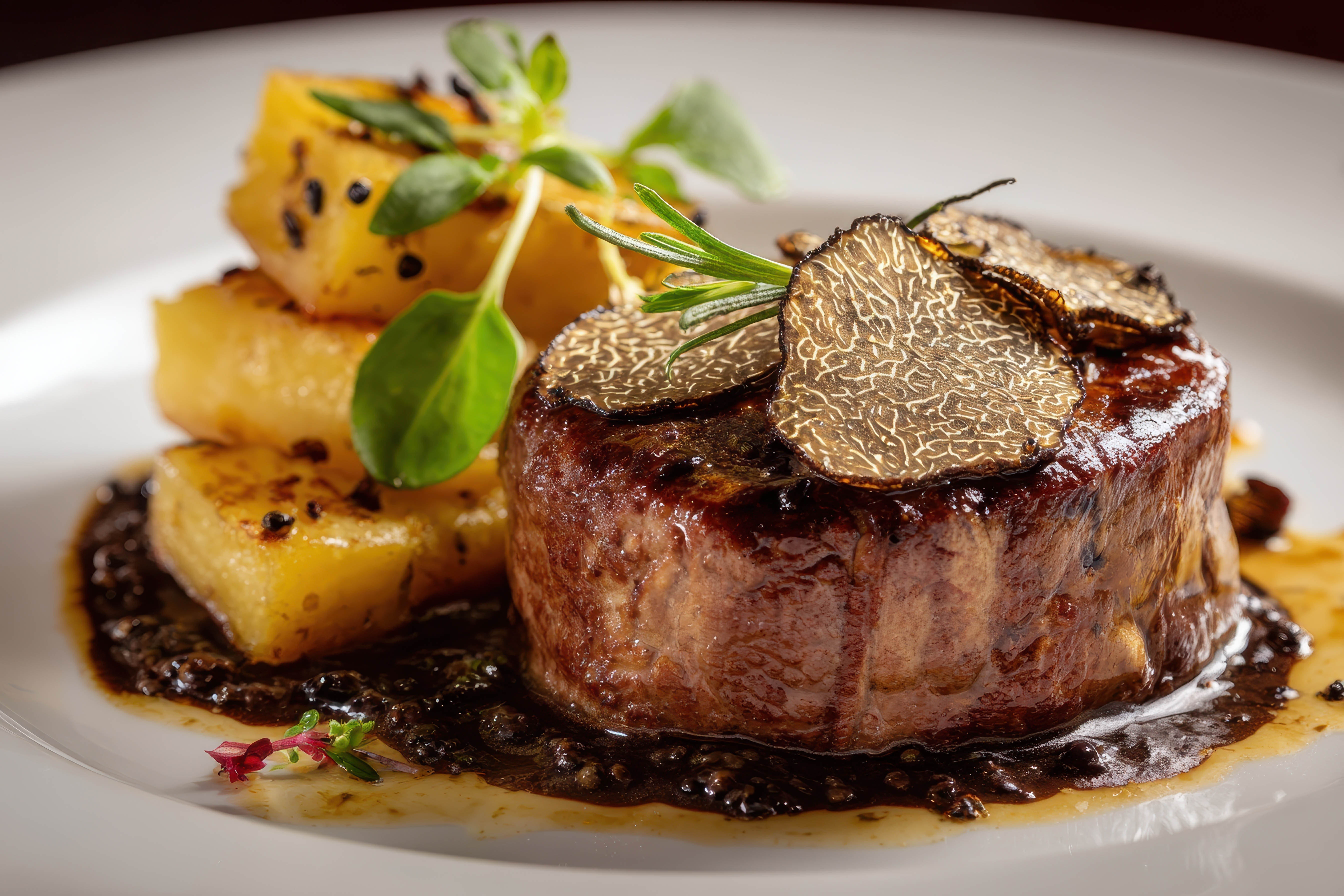Filetto di manzo con una lamella di tartufo fresco e patate al forno, un secondo d'autunno della tenuta
