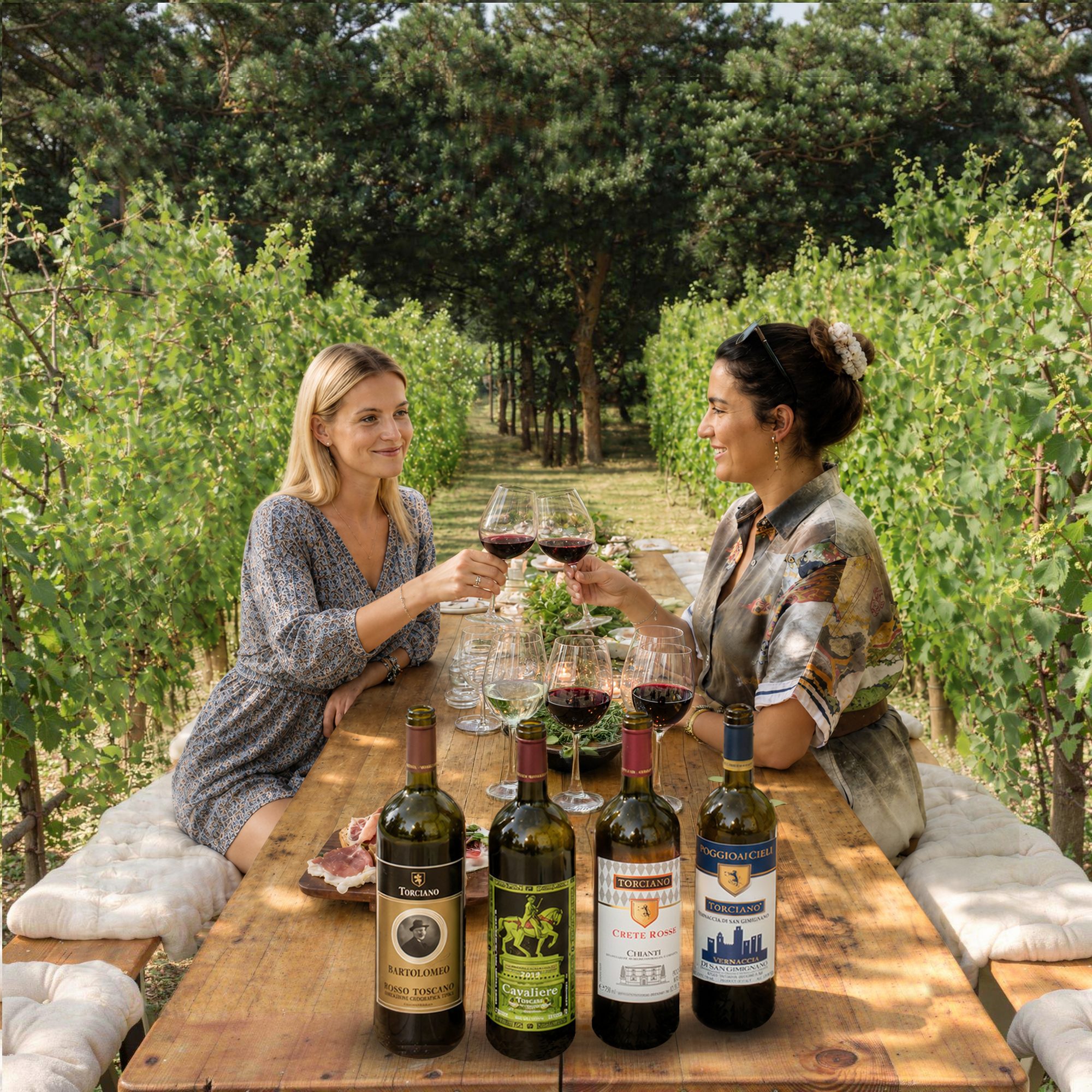 Two guests toasting with red wine at a long wooden table set between the vine rows, Torciano bottles in the foreground