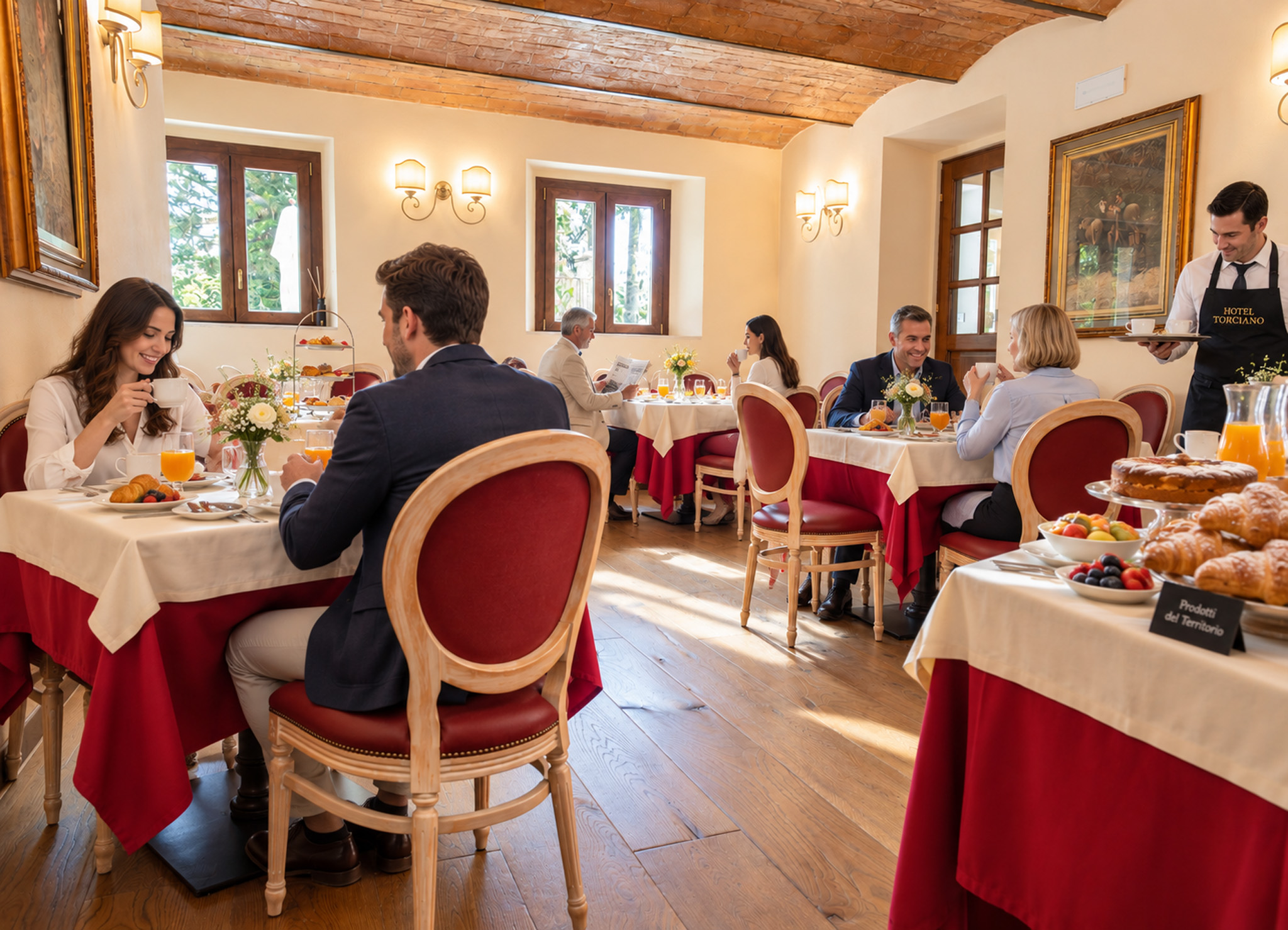 Sala colazioni di Hotel Torciano con ospiti, prodotti del territorio, dolci e frutta fresca