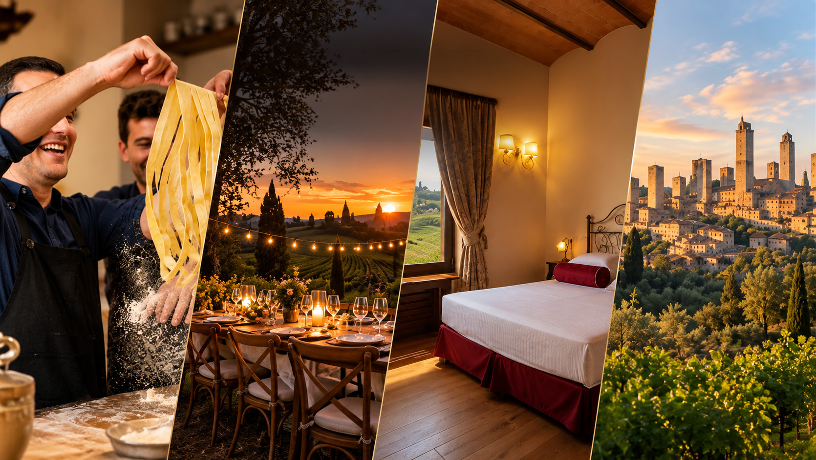 Collage del pacchetto di una notte: cooking class, cena tra i vigneti al tramonto, camera con vista sui filari e le torri di San Gimignano