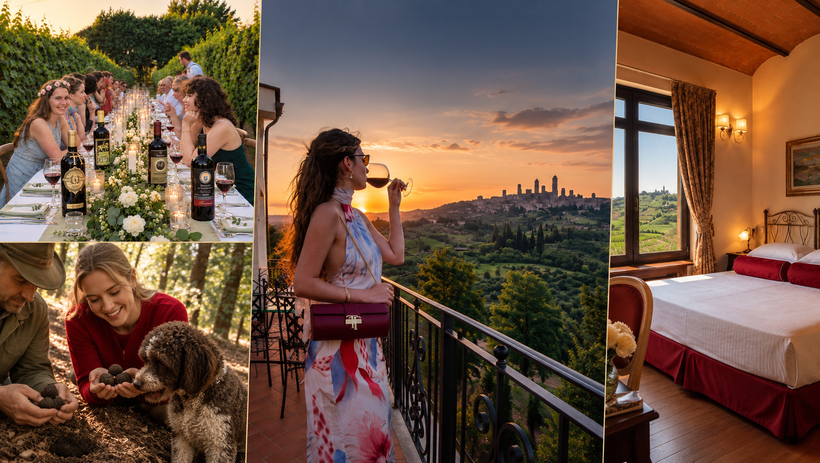 Collage del pacchetto di due notti: cena tra i filari, caccia al tartufo, degustazione al tramonto con vista sulle torri e camera con vista sui vigneti