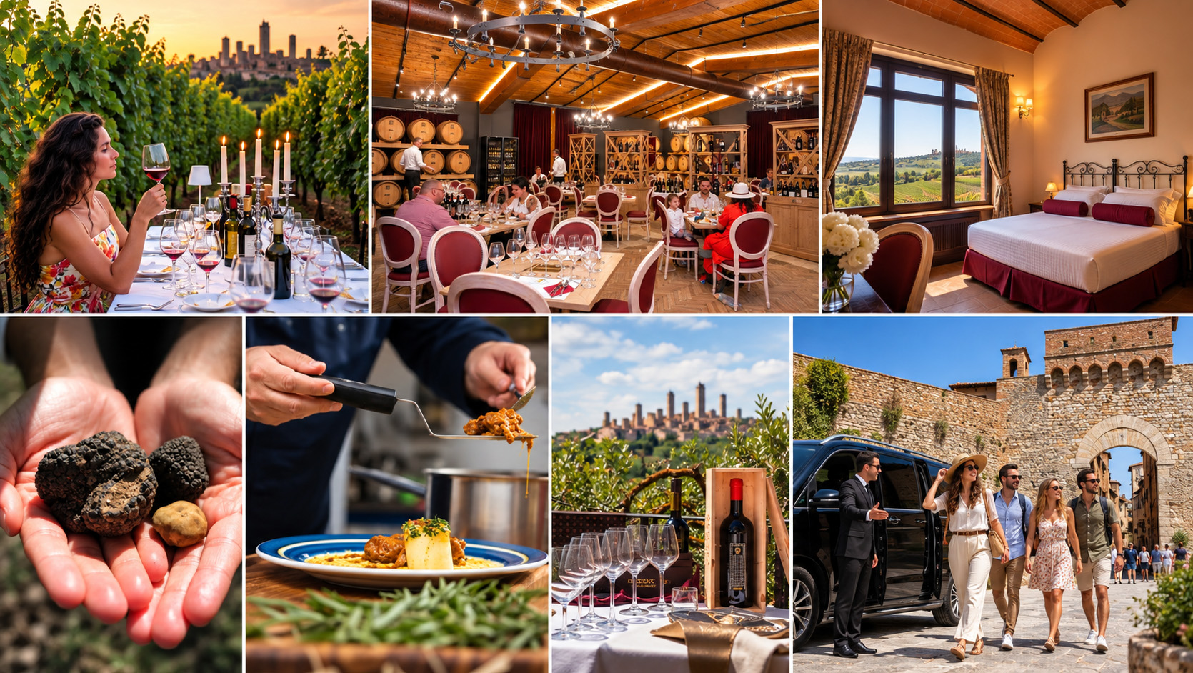 Collage del pacchetto di tre notti: degustazione tra i filari con vista sulle torri, sala delle barrique, camera con vista, tartufo, cucina, aperitivo e arrivo a San Gimignano