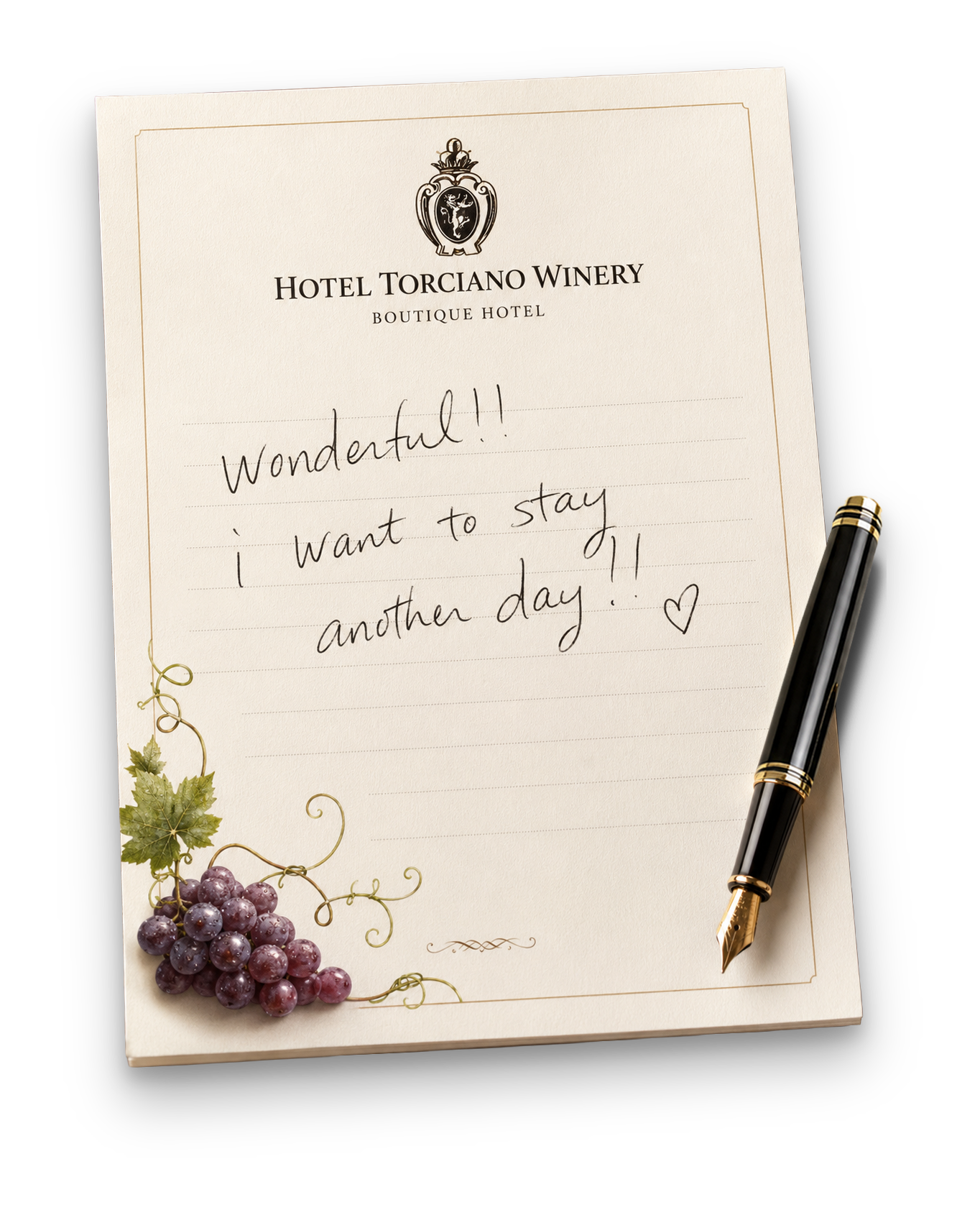 Blocco note di Hotel Torciano Winery con una riga scritta a mano e una penna stilografica appoggiata sopra