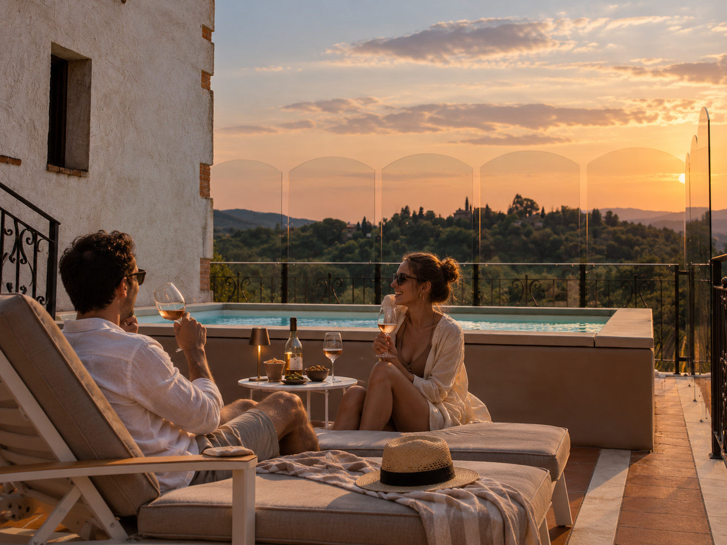 Due ospiti sulla terrazza dell'hotel al tramonto, con calici di vino bianco accanto alla piscina