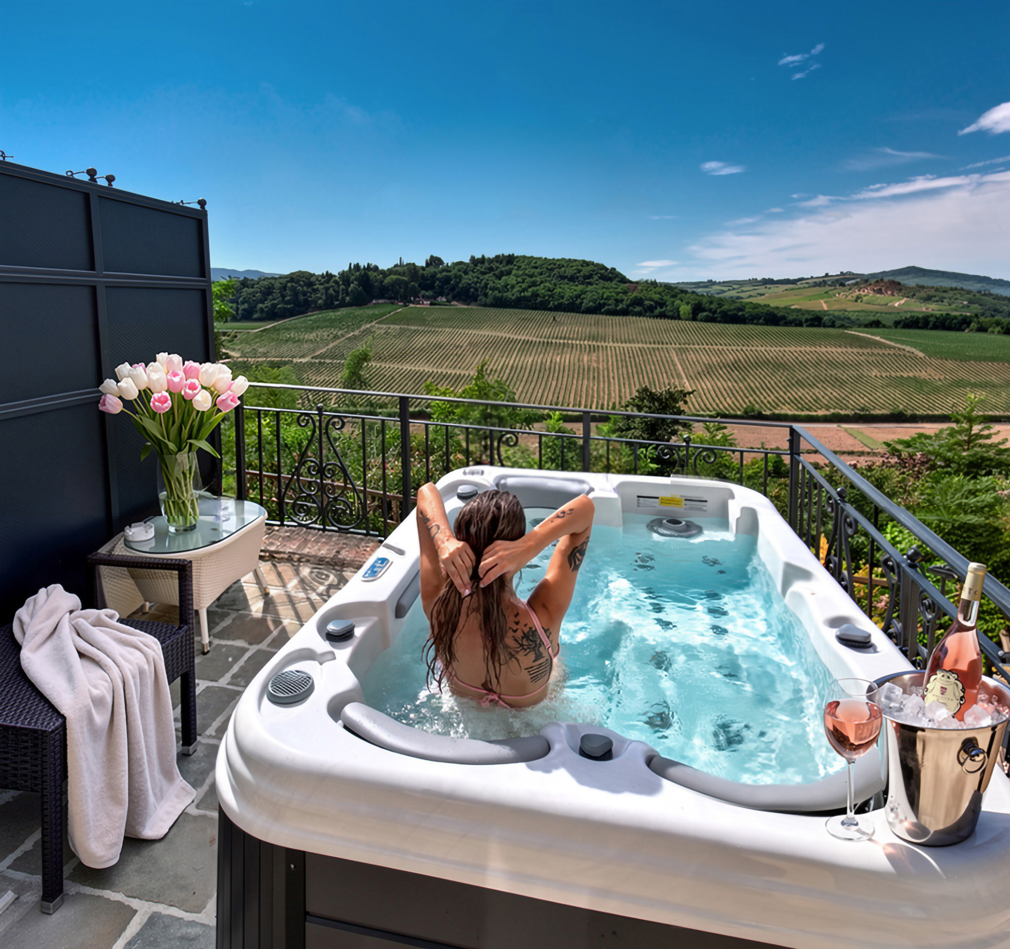 Vasca idromassaggio di una suite su terrazza privata a Hotel Torciano, affacciata sui vigneti