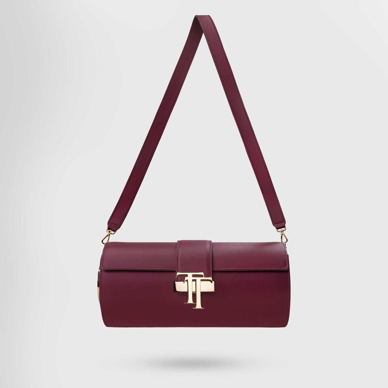 cherubina front view with leather shoulder strap and gold tt closure