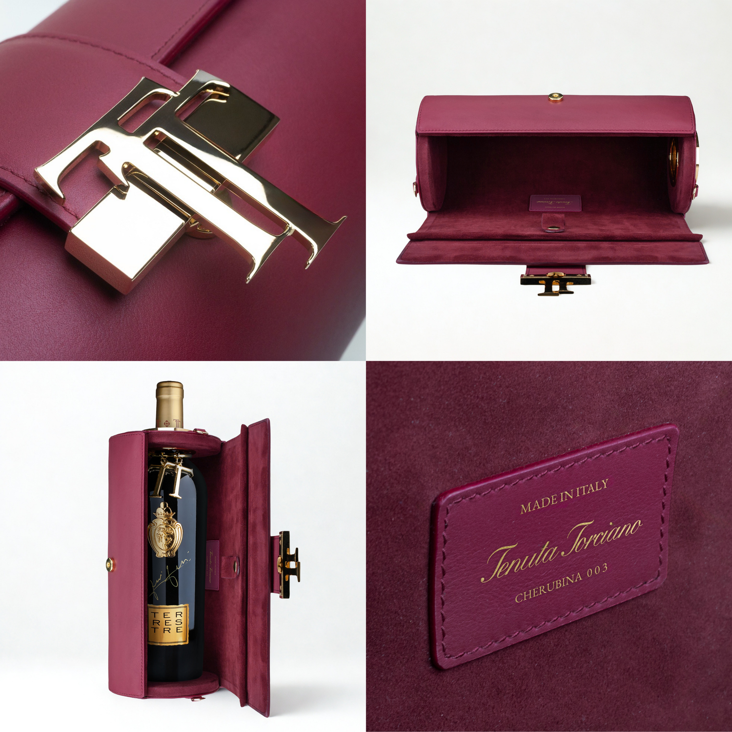 cherubina details with gold closure, interior and bottle holder