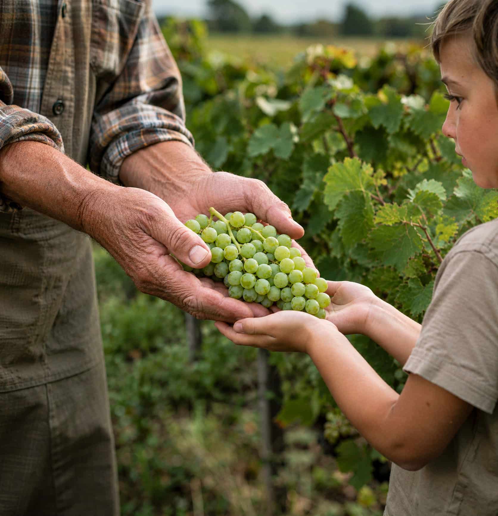 An elder's weathered hands passing a cluster of white grapes into a child's cupped hands among the vines
